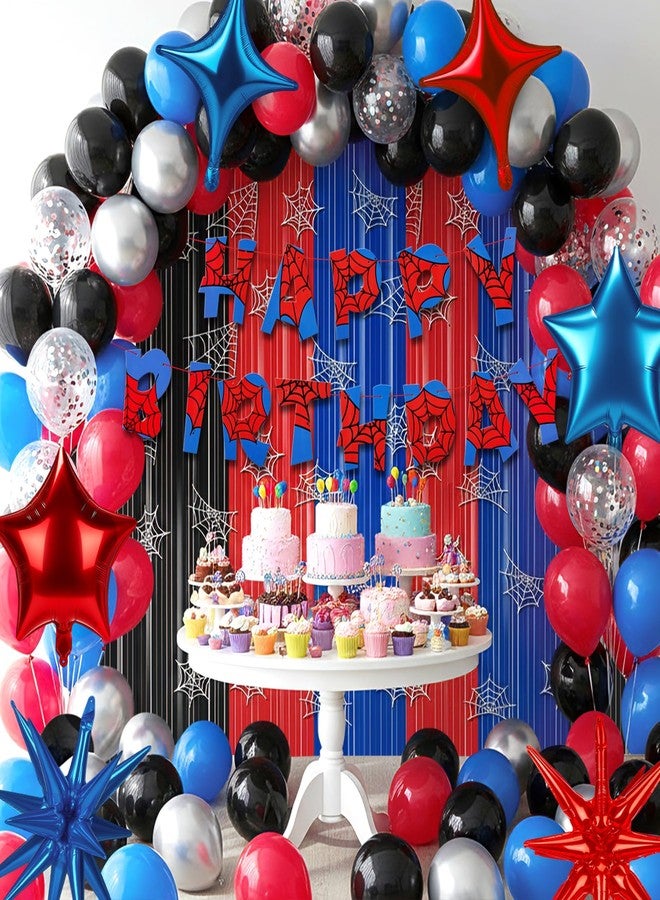 LaRandom Spider Web Birthday Party Decorations, Spider Theme Party Supplies, Red Black, and Blue Tinsel Foil Fringe Curtains Backdrop, Balloons and Banner Streamer for Birthday Decor - Image 1